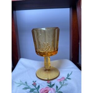 Vintage Fenton LG Wright Grape Leaf Paneled Wine Goblet Amber Glass 4" Tall